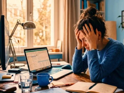 Mulher sentada em home office com as mãos na cabeça, expressão de cansaço e estresse.