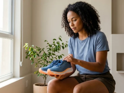 Uma mulher sentada, examinando com atenção um par de tênis de corrida com detalhes em azul e laranja.