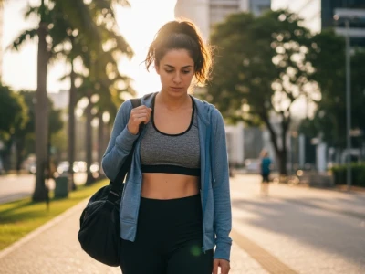 Mulher com aparência cansada e carregando uma bolsa de ginástica, representando a falta de energia e a preguiça para treinar.