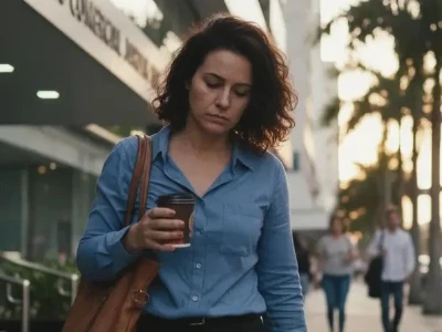 Uma mulher com expressão de cansaço caminha na calçada de uma cidade segurando um copo de café, representando a falta de energia e disposição.