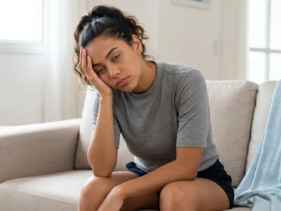 Uma mulher sentada em um sofá, com a cabeça apoiada na mão e os olhos pesados, expressando fadiga e exaustão. 