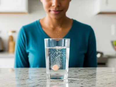 Comprimido efervescente de vitamina C se dissolvendo em um copo com água em cima de um balcão, mostrando uma forma prática e rápida de consumir o suplemento.