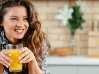 Mulher sorridente com suco de laranja em mãos, apoiada na mesa da cozinha, durante consumo de parte da sua cota diária de vitamina C