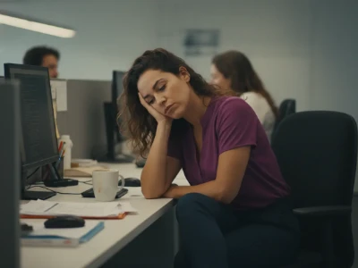 Mulher jovem sentada em frente ao computador no escritório, apoiando a cabeça na mão com uma expressão de exaustão e sono, ilustrando a indisposição e a fadiga extremas que muitas mulheres sentem durante a TPM (4:3)