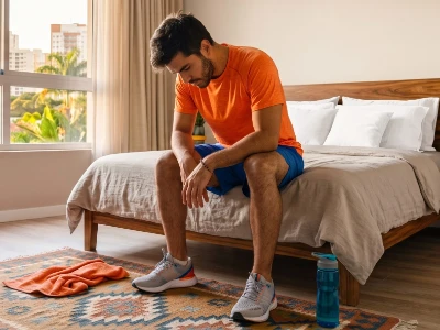 Homem vestido com roupas de ginástica, sentado na beira da cama com os ombros caídos e forte expressão de cansaço e desânimo. Uma toalha laranja e uma garrafa azul estão próximas a ele.