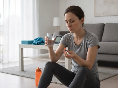 Mulher de camiseta esportiva cinza, sentada no chão de uma sala moderna com expressão de cansaço, segurando um copo de água e uma cápsula de vitamina.