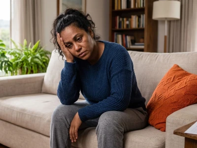 Mulher de pele morena vestindo suéter azul, sentada em um sofá claro, apoiando a cabeça na mão com forte expressão de cansaço e indisposição. Uma almofada laranja compõe o cenário.