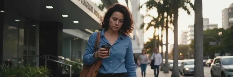 Uma mulher com expressão de cansaço caminha na calçada de uma cidade segurando um copo de café, representando a falta de energia e disposição.