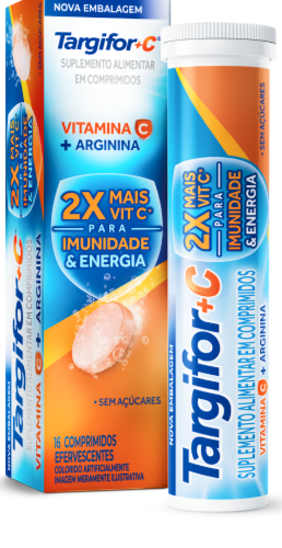 Caixa e tubo de Targifor® +C efervescente com Vitamina C e Arginina para imunidade e energia.