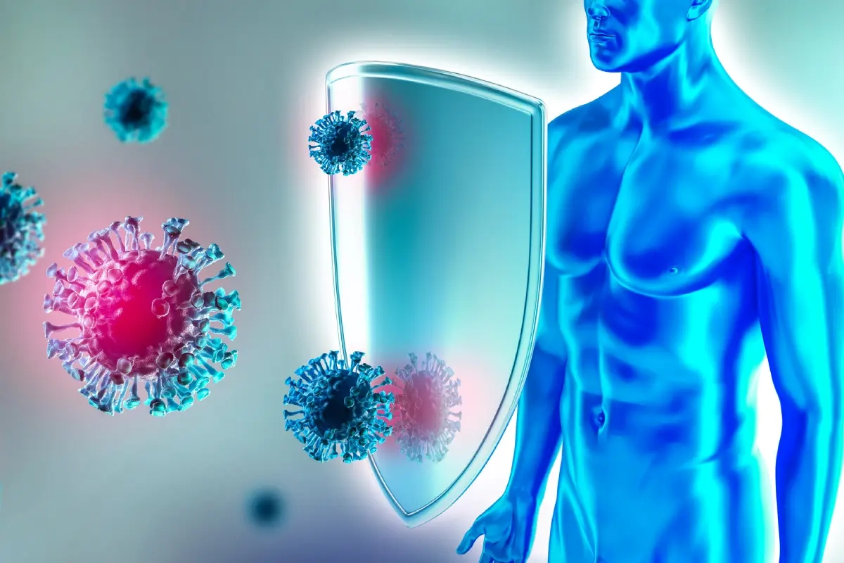 Corpo humano de frente para um escudo que remete a imunidade protegendo de doenças