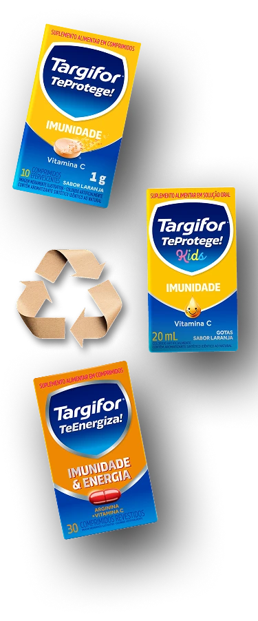 Embalagens sustentáveis Targifor. Três caixas de vitaminas da marca (TeProtege, TeEnergiza e TeProtege Kids) sobre grama verde ao lado de um símbolo de reciclagem.