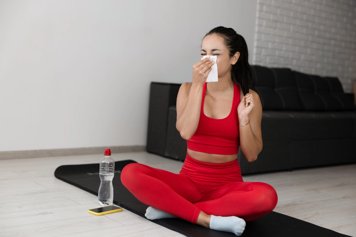 Mulher sentada em tapete de yoga na academia, em posição de lótus, está assoando o nariz com papel.