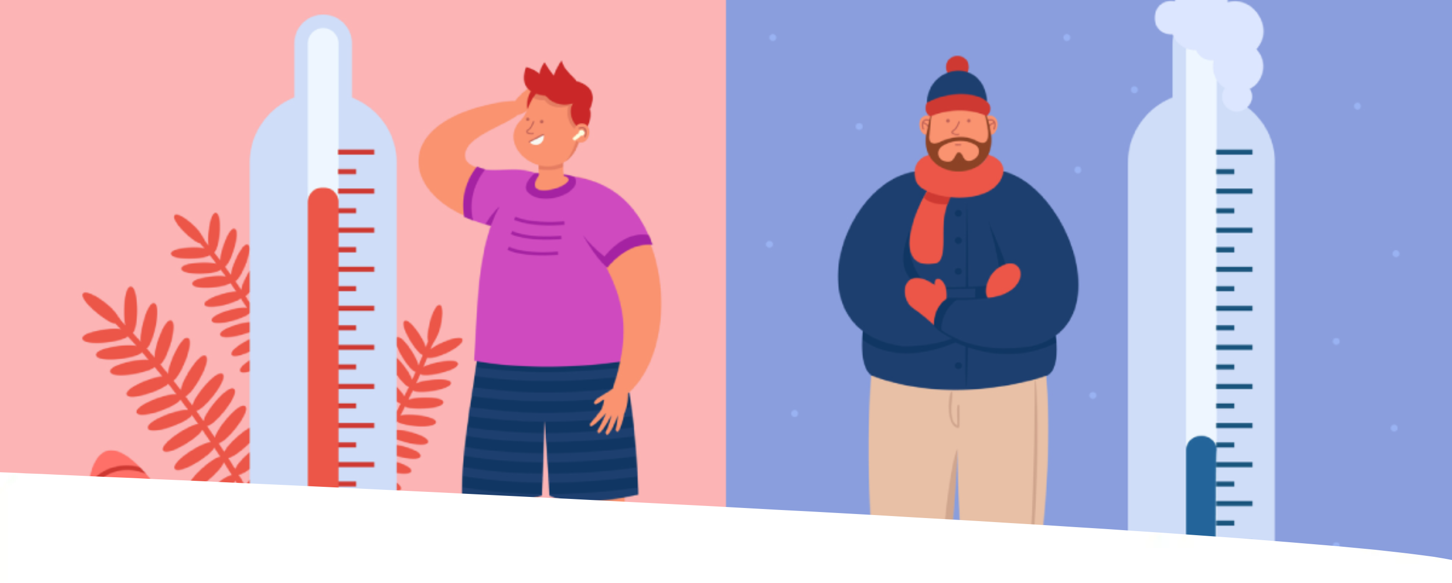 Arte gráfica mostrando dois homens ao lado de termômetros, um mostra temperatura alta, outro, baixa.