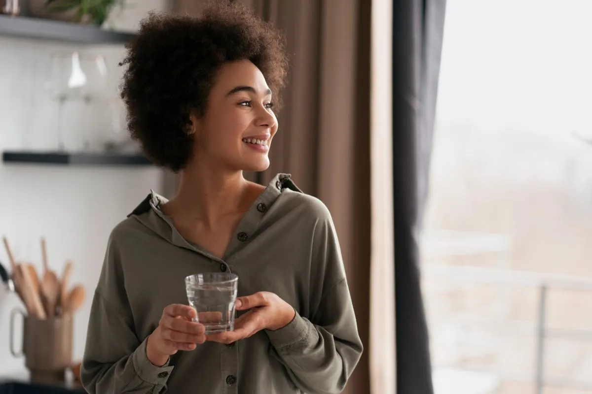 Mulher negra com cabelo crespo sorri enquanto segura um copo de água e olha pela janela, em um ambiente de cozinha, depois de tomar vitamina B12.