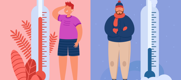 Arte gráfica mostrando dois homens ao lado de termômetros, um mostra temperatura alta, outro, baixa.