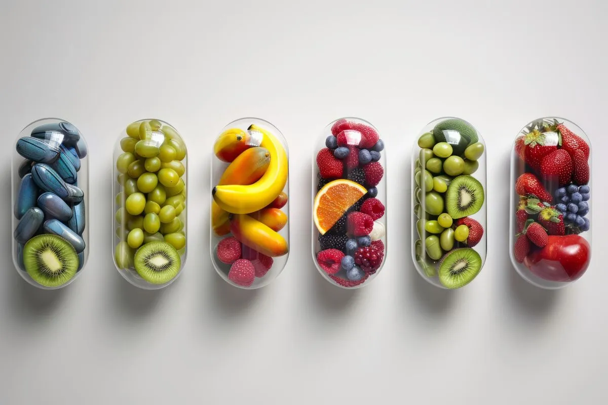Cápsulas de vitaminas transparentes em fila, recheadas com diferentes frutas, simbolizando a fonte natural de nutrientes em polivitamínicos.
