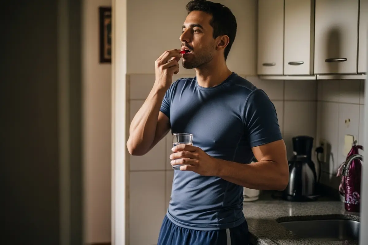 Homem atleta tomando suplemento de arginina com um copo de água antes do treino para mais energia e disposição.