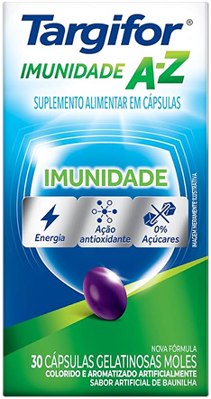 Embalagem de Targifor® Imunidade A-Z com destaques para imunidade, energia, ação antioxidante e 0% açúcares.